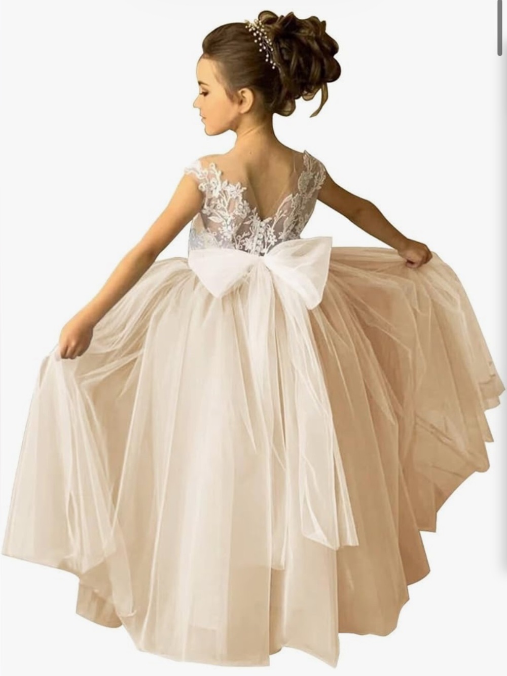Champagne Lace Tulle Flower Girl Dress with Bow and pearl-like buttons